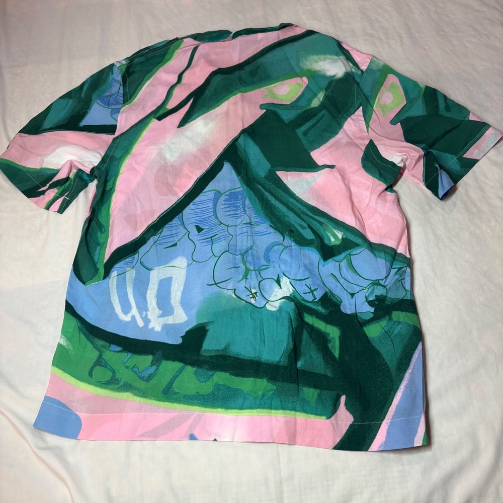 Zara Mens Abstract Botanical Print Short Sleeve Camp Collar Shirt Green‎ Pink L